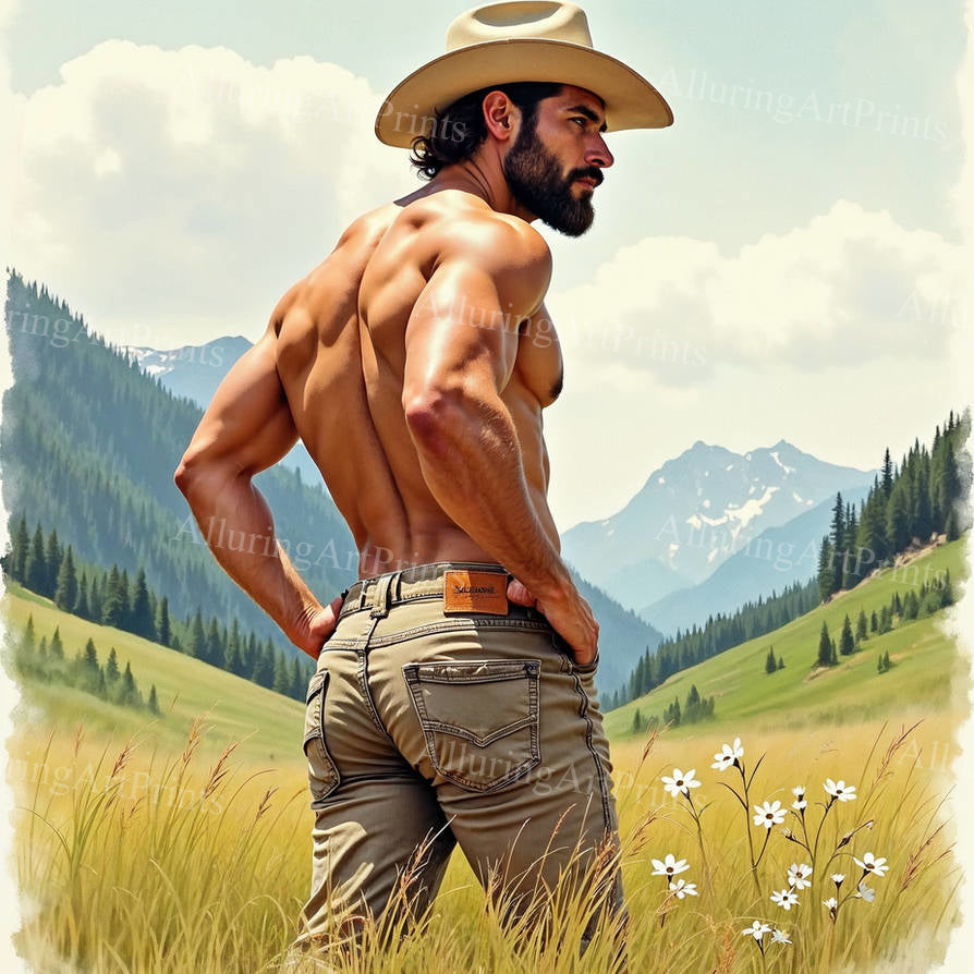 Male Model Muscular Cowboy Buns Digital Art AI Fantasy - 313B