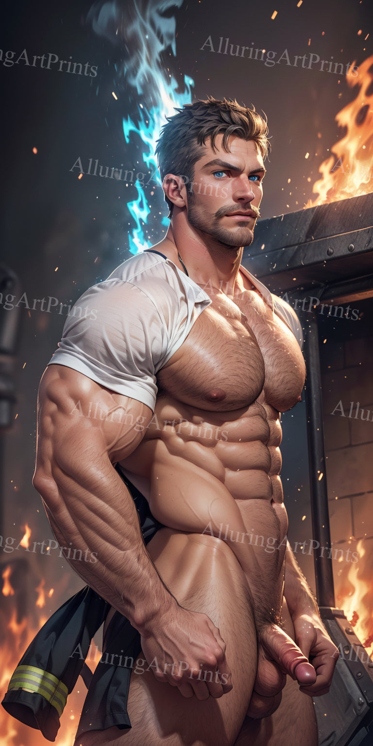 Male Model Muscular Firefighter Digital Art AI Fantasy - 629C