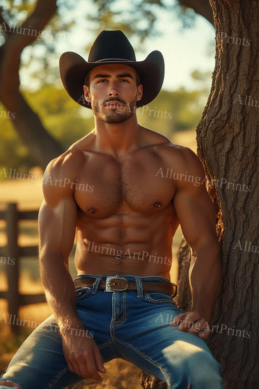 Male Model Cowboy Hairy Muscular Digital Art AI Fantasy - G144