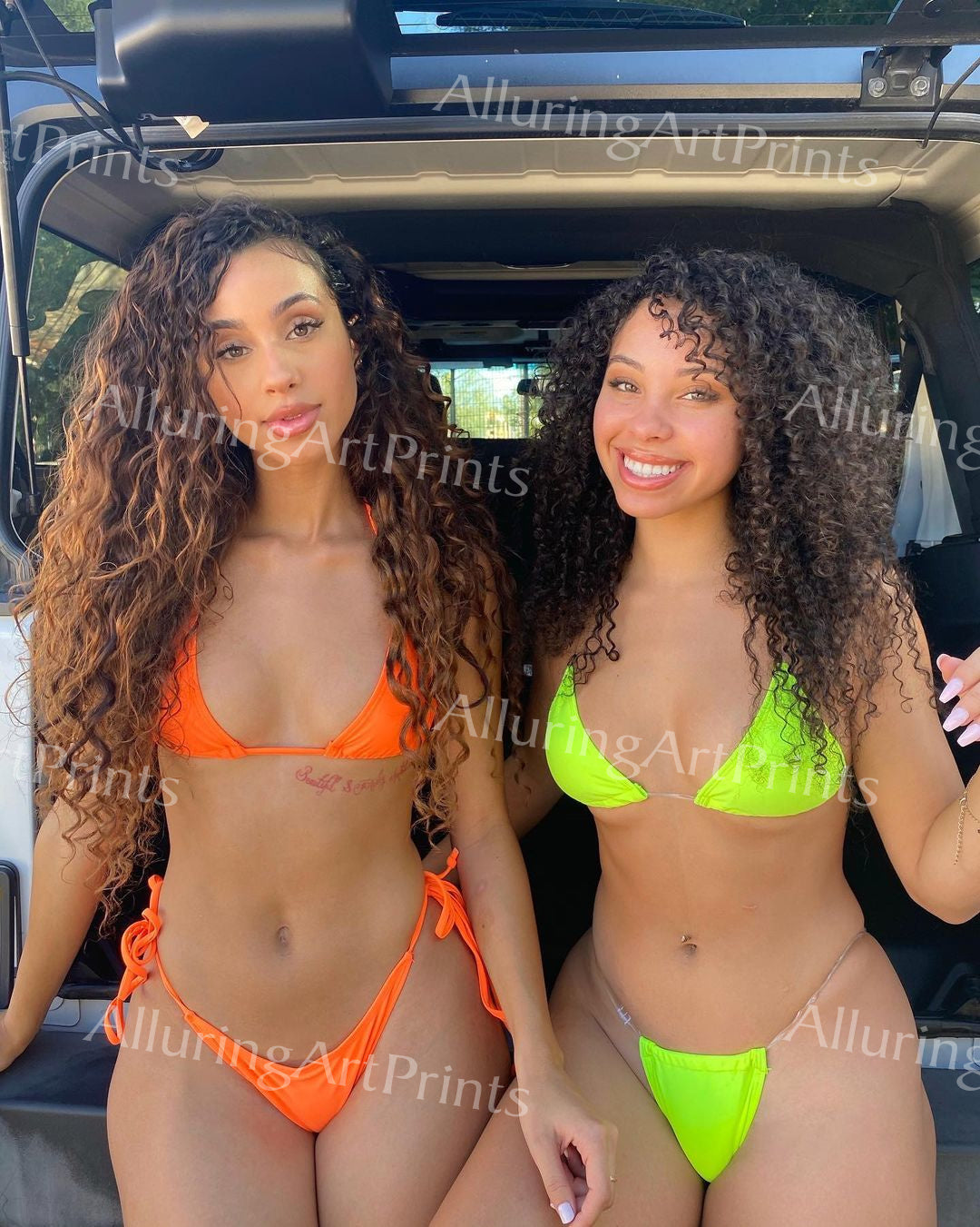 Risque Print Exotic Brunette Models Pretty Women Petite Busty Boobs Bikini Duo C311