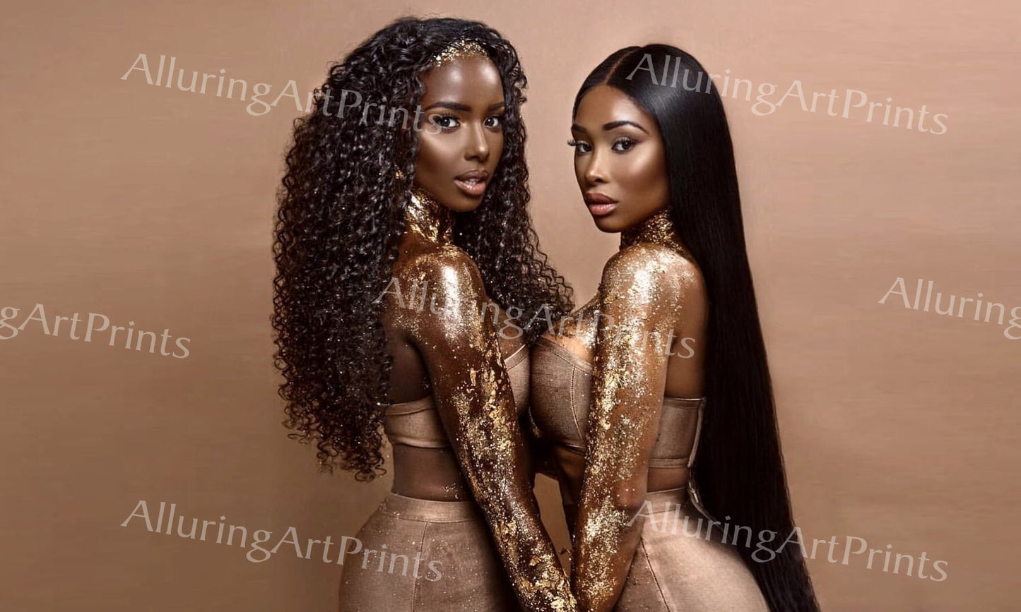 Nude Print Black Models Pretty Women Petite Studio Portrait Busty Boobs Butt Hot Duo H53