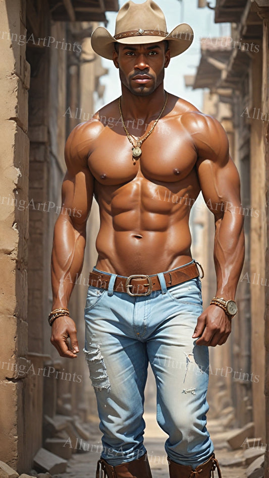 Black Male Model Muscular Cowboy Digital Art AI Fantasy - 262B