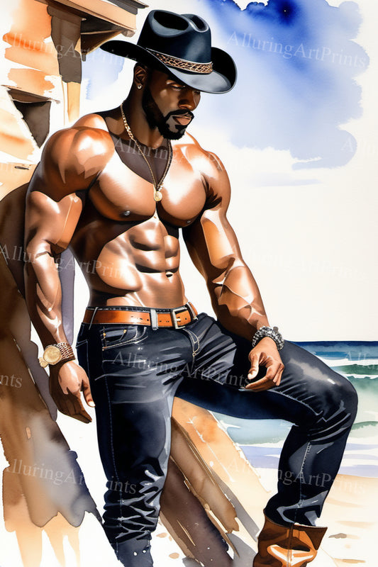 Black Male Model Muscular Cowboy Digital Art AI Fantasy - 265B