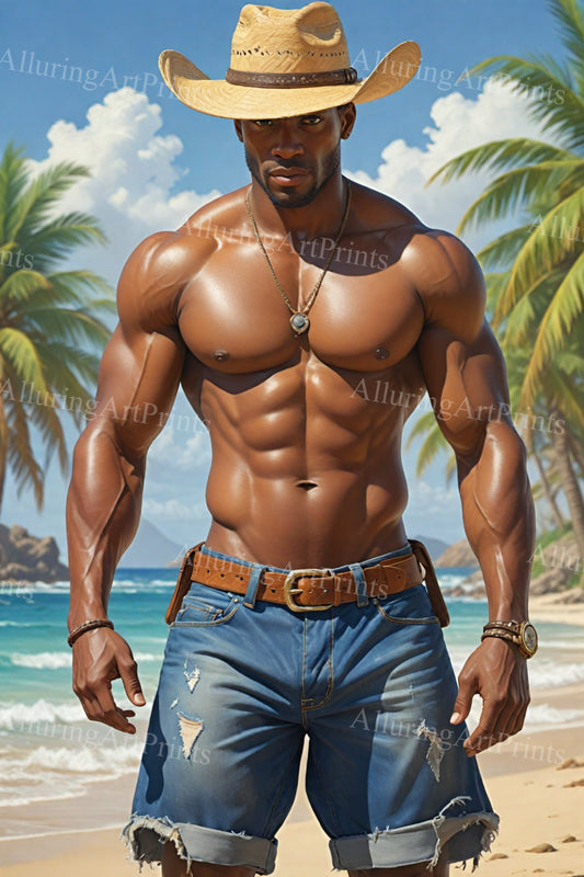 Black Male Model Muscular Cowboy Digital Art AI Fantasy - 266B