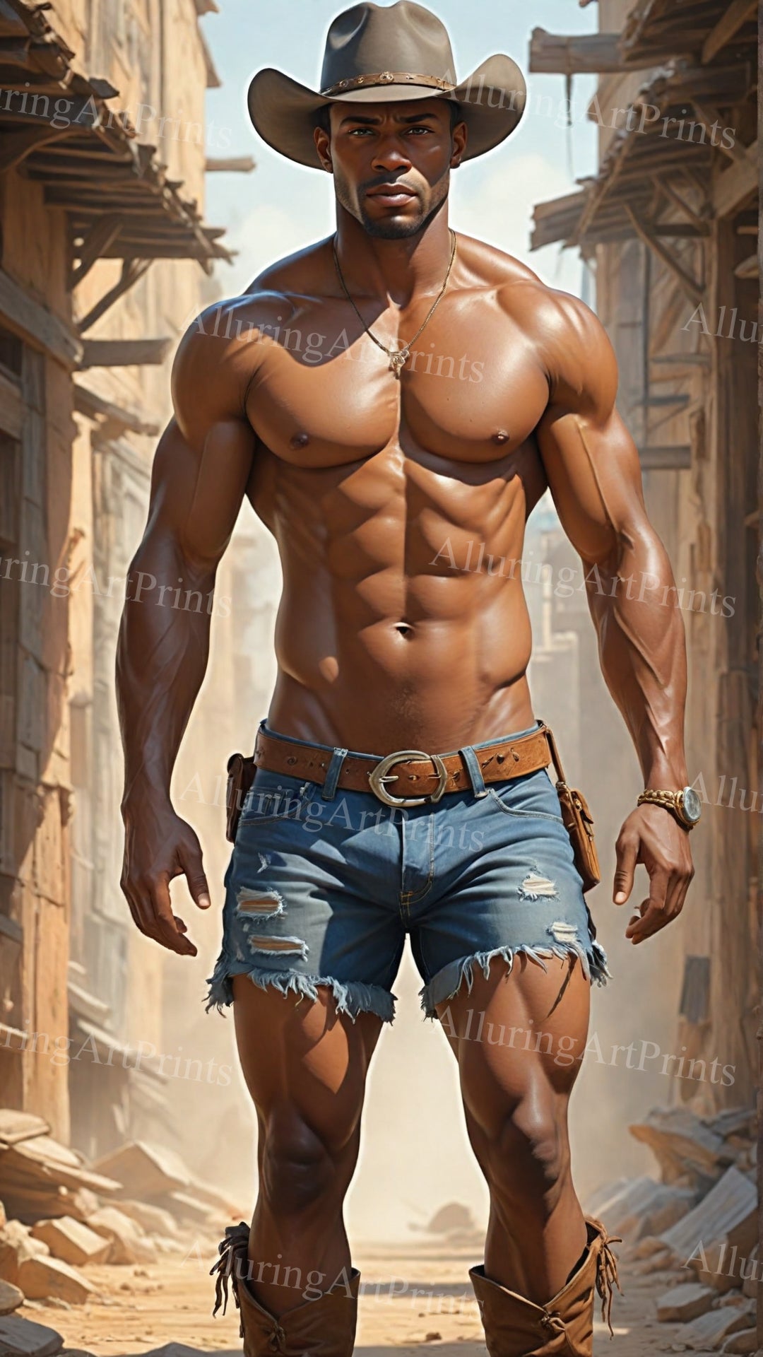 Black Male Model Muscular Cowboy Digital Art AI Fantasy - 274B