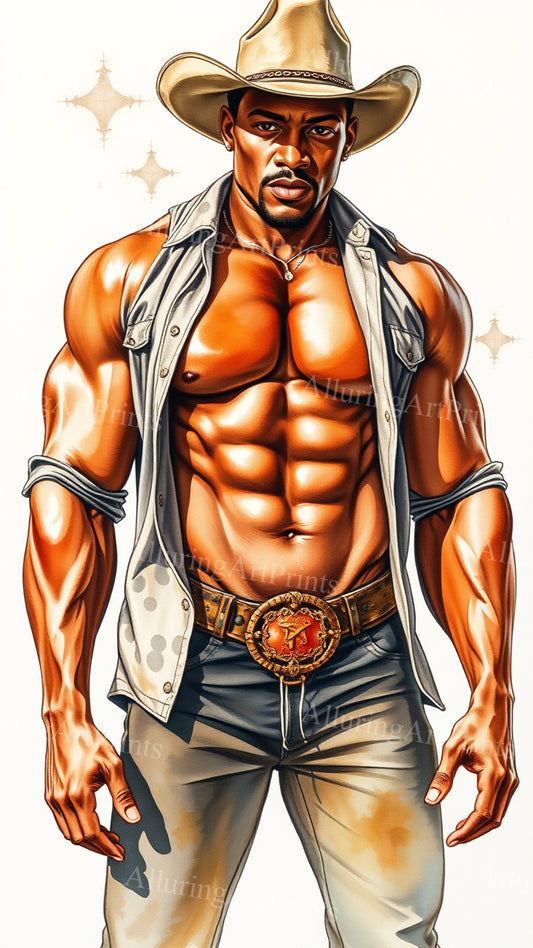 Black Male Model Muscular Cowboy Digital Art AI Fantasy - 281B