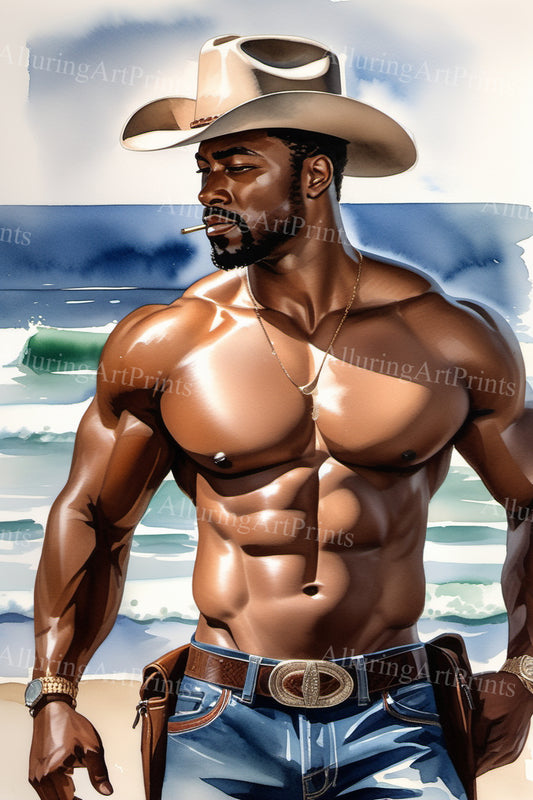 Black Male Model Muscular Cowboy Digital Art AI Fantasy - 282B
