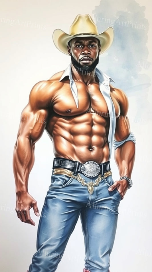 Black Male Model Muscular Cowboy Digital Art AI Fantasy - 295B