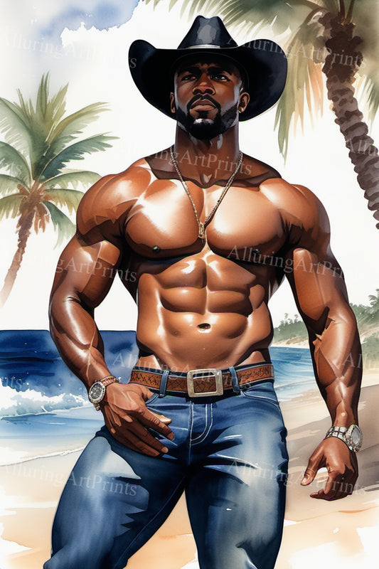 Black Male Model Muscular Cowboy Digital Art AI Fantasy - 297B