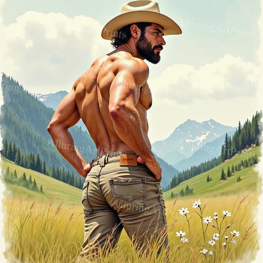 Male Model Muscular Cowboy Buns Digital Art AI Fantasy - 313B