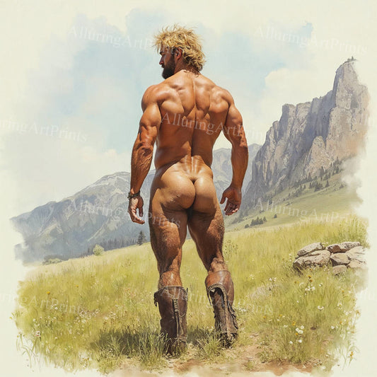 Nude Male Model Muscular Cowboy Buns Digital Art AI Fantasy - 323B