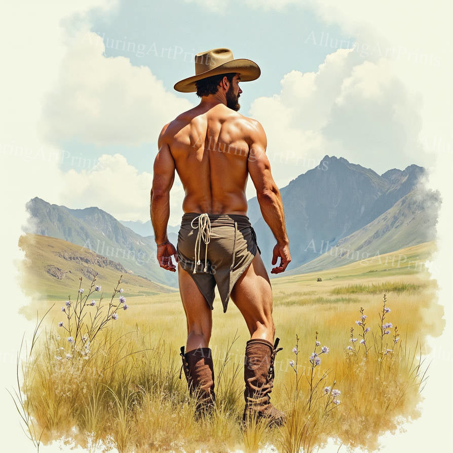 Male Model Muscular Cowboy Buns Digital Art AI Fantasy - 326B