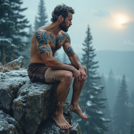 Male Model Muscular Tattoo Hairy Digital Art AI Fantasy - 364B