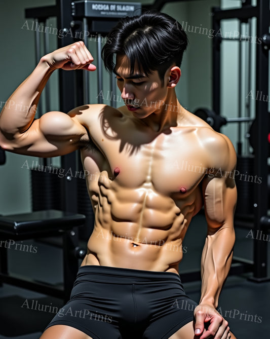Asian Male Model Muscular Workout Gym Digital Art AI Fantasy - 376B