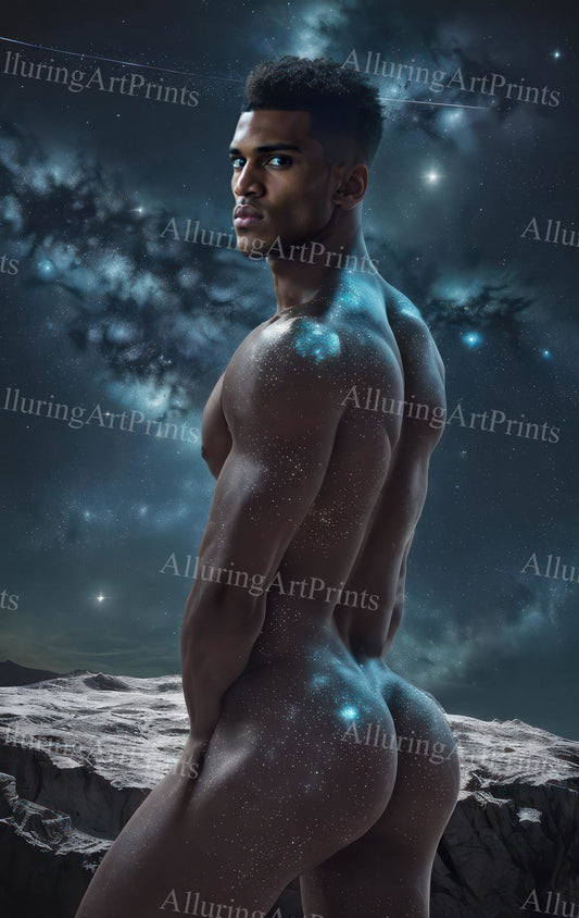 Nude Black Male Model Muscular Buns Digital Art AI Fantasy - 742C