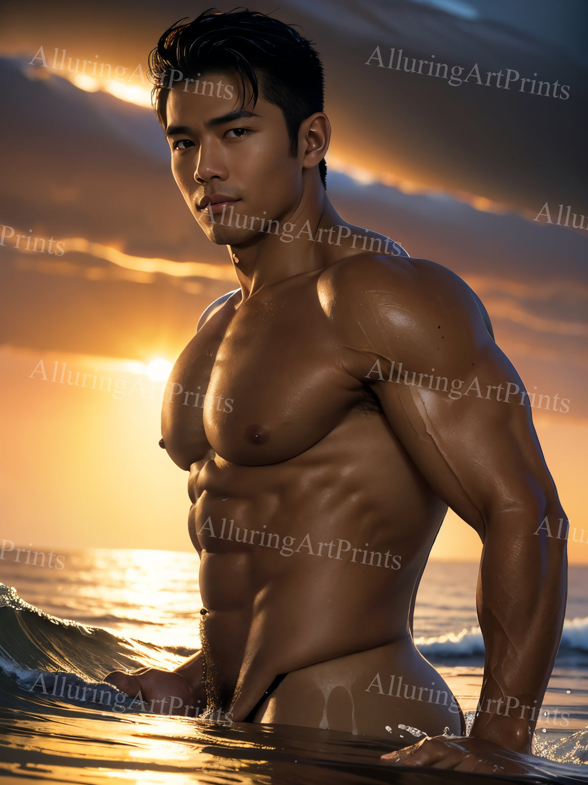 Nude Male Model Muscular Frontal Digital Art AI Fantasy - 138E
