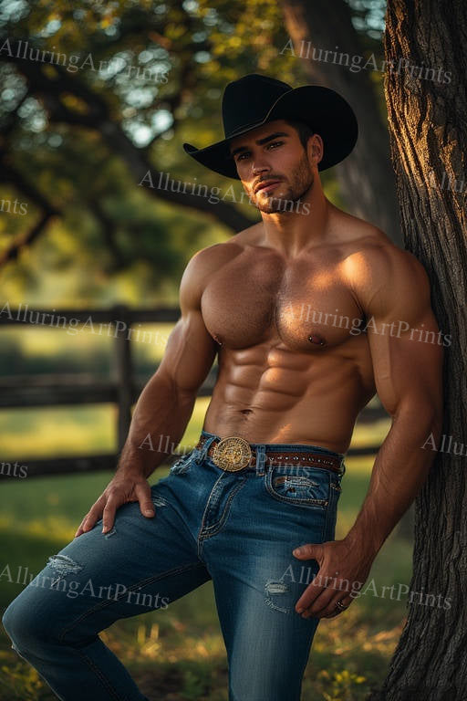 Male Model Cowboy Hairy Muscular Digital Art AI Fantasy - G140
