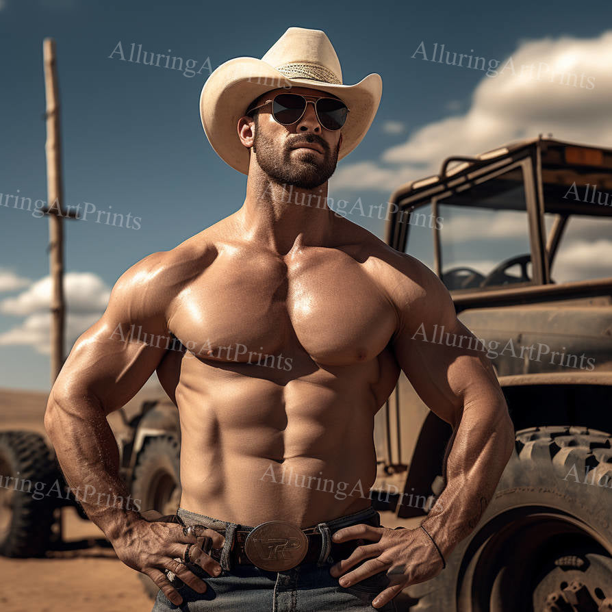 Male Model Cowboy Muscular Digital Art AI Fantasy - H143