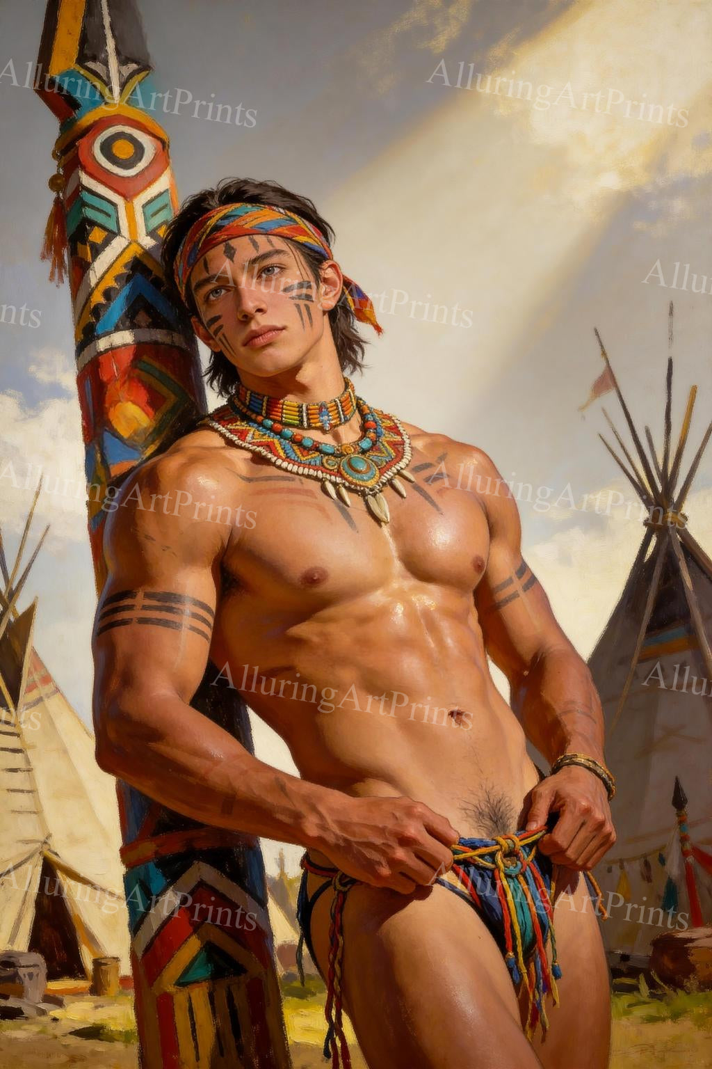 Male Model Native American Muscular Digital Art AI Fantasy - H836